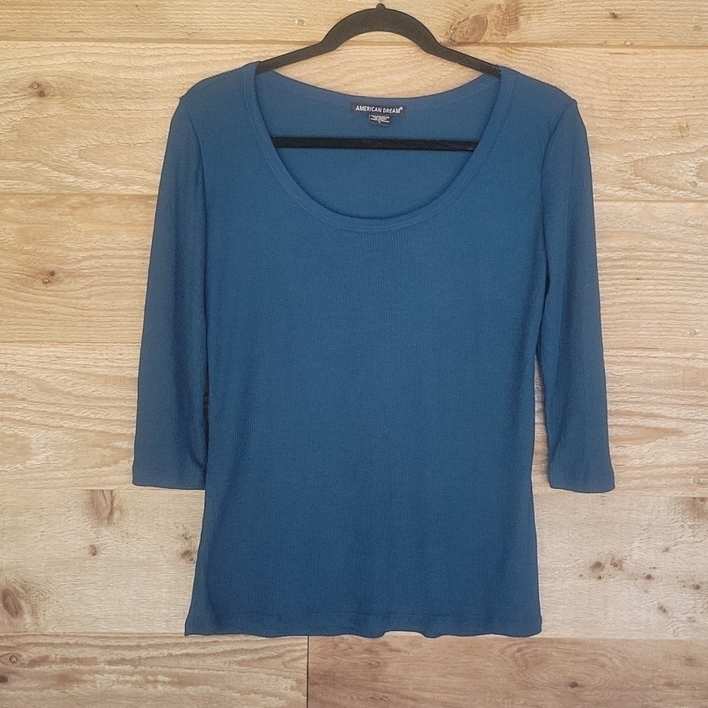 American Dream Teal Ribbed Elbow Sleeve Tee Size Large